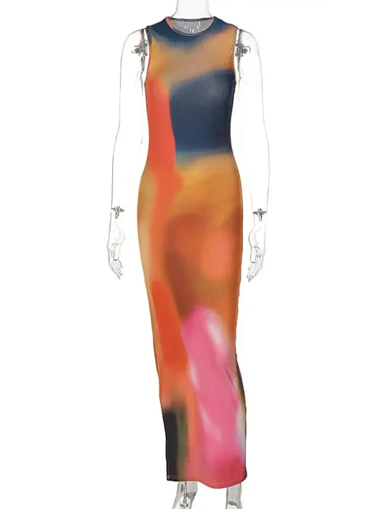 Tie Dye Print Ribbed Midi Dress Bodycon Side Slit Y2K - Blade & Thread