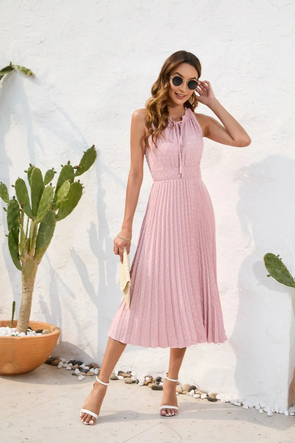 Tie High Waist Pleated Pom Dress Sleeveless Summer Dress nowadaysfashion