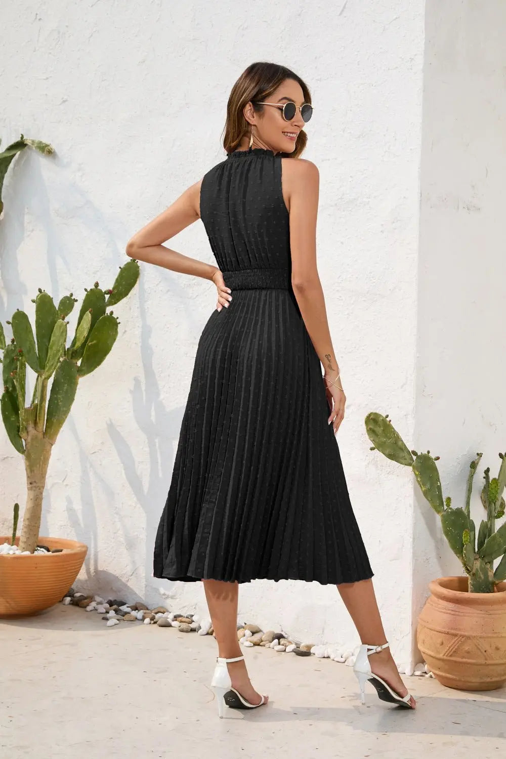 Tie High Waist Pleated Pom Dress Sleeveless Summer Dress - Blade & Thread