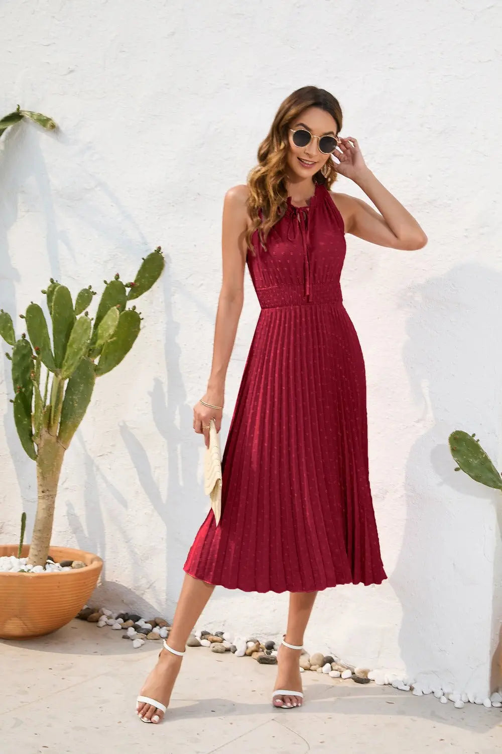 Tie High Waist Pleated Pom Dress Sleeveless Summer Dress nowadaysfashion
