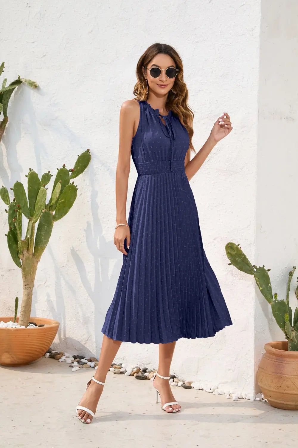 Tie High Waist Pleated Pom Dress Sleeveless Summer Dress - Blade & Thread