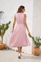 Tie High Waist Pleated Pom Dress Sleeveless Summer Dress nowadaysfashion