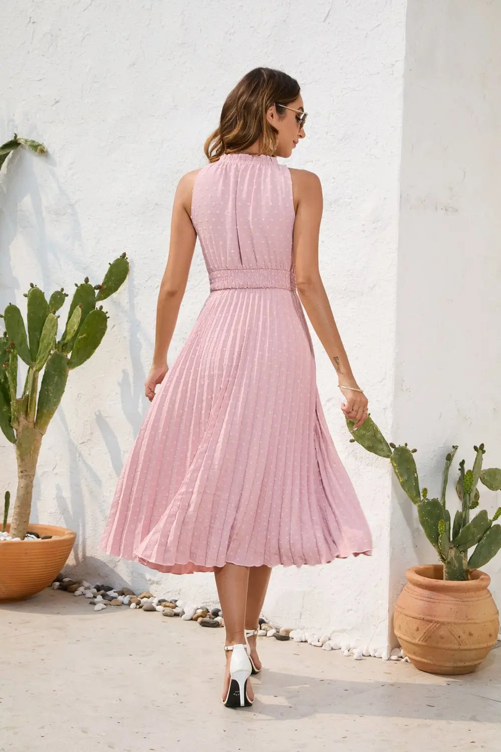 Tie High Waist Pleated Pom Dress Sleeveless Summer Dress - Blade & Thread
