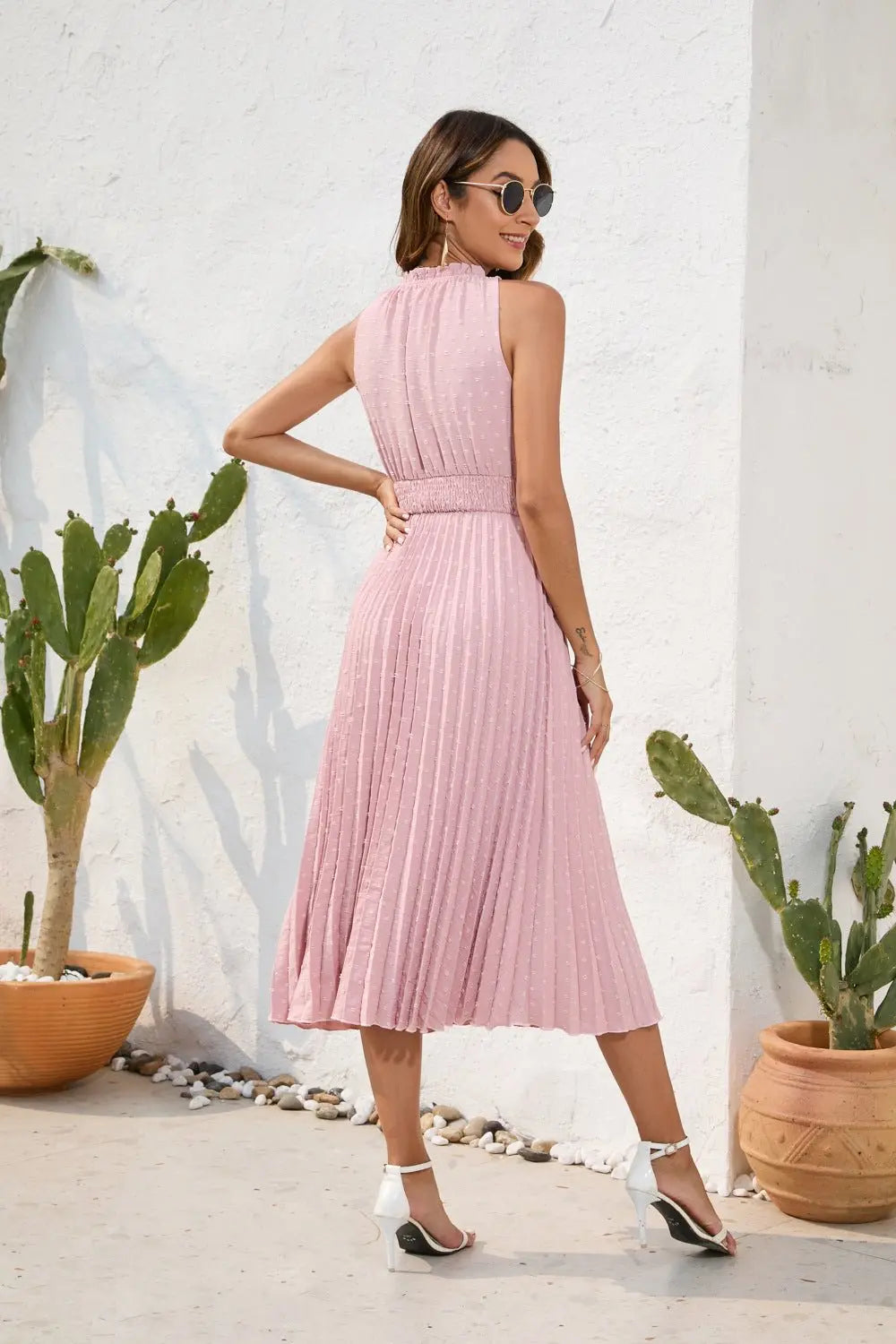 Tie High Waist Pleated Pom Dress Sleeveless Summer Dress - Blade & Thread