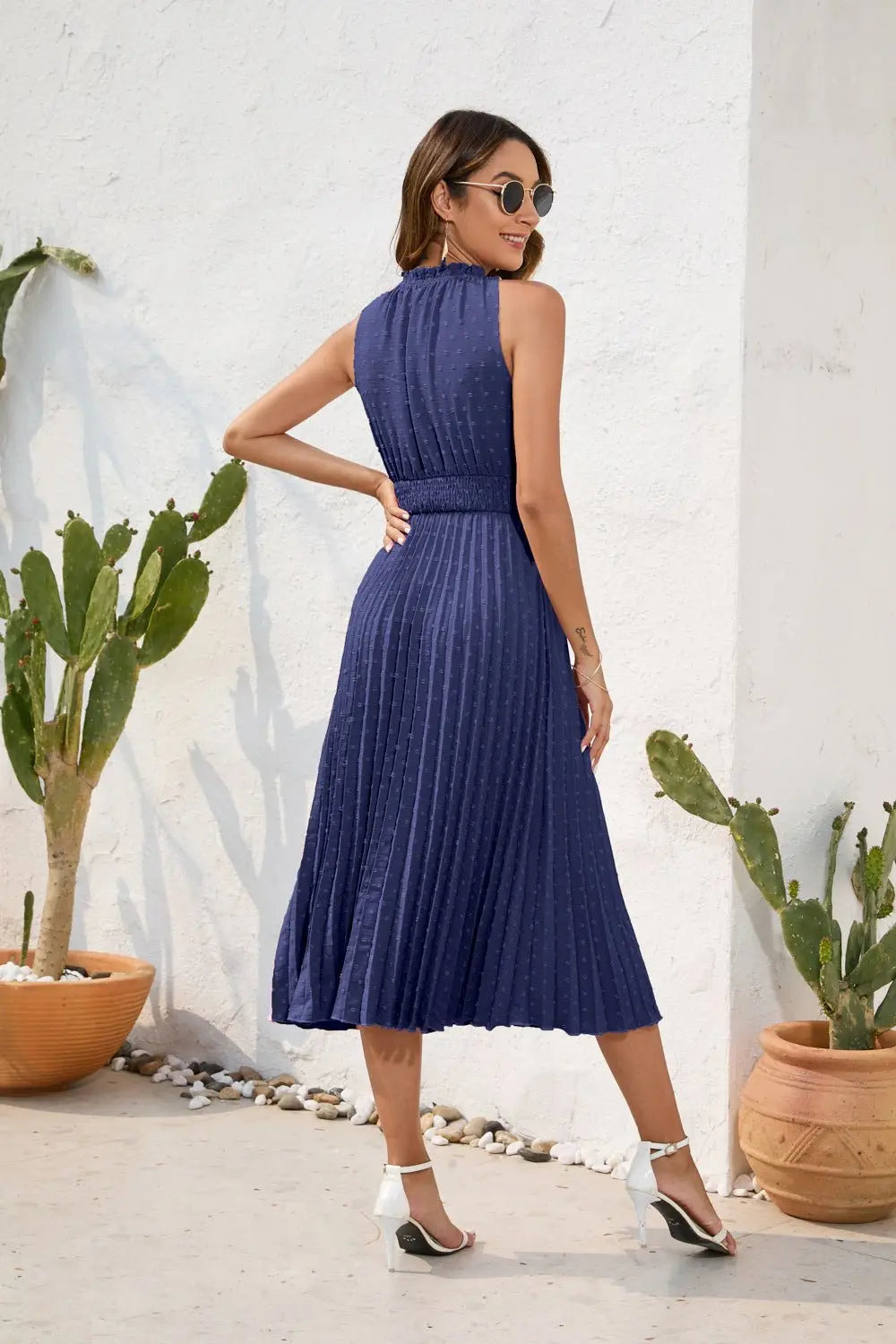 Tie High Waist Pleated Pom Dress Sleeveless Summer Dress - Blade & Thread