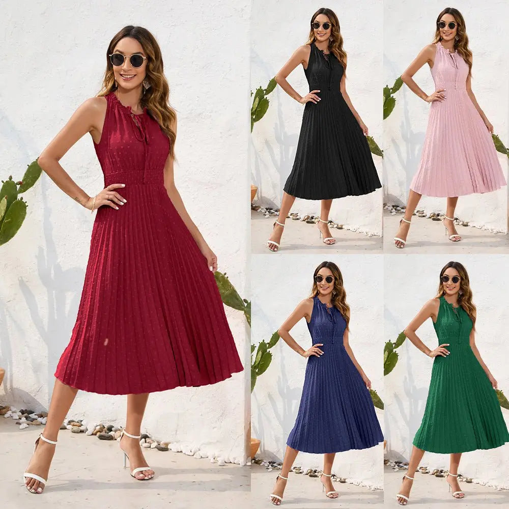 Tie High Waist Pleated Pom Dress Sleeveless Summer Dress nowadaysfashion
