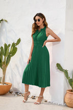 Tie High Waist Pleated Pom Dress Sleeveless Summer Dress nowadaysfashion