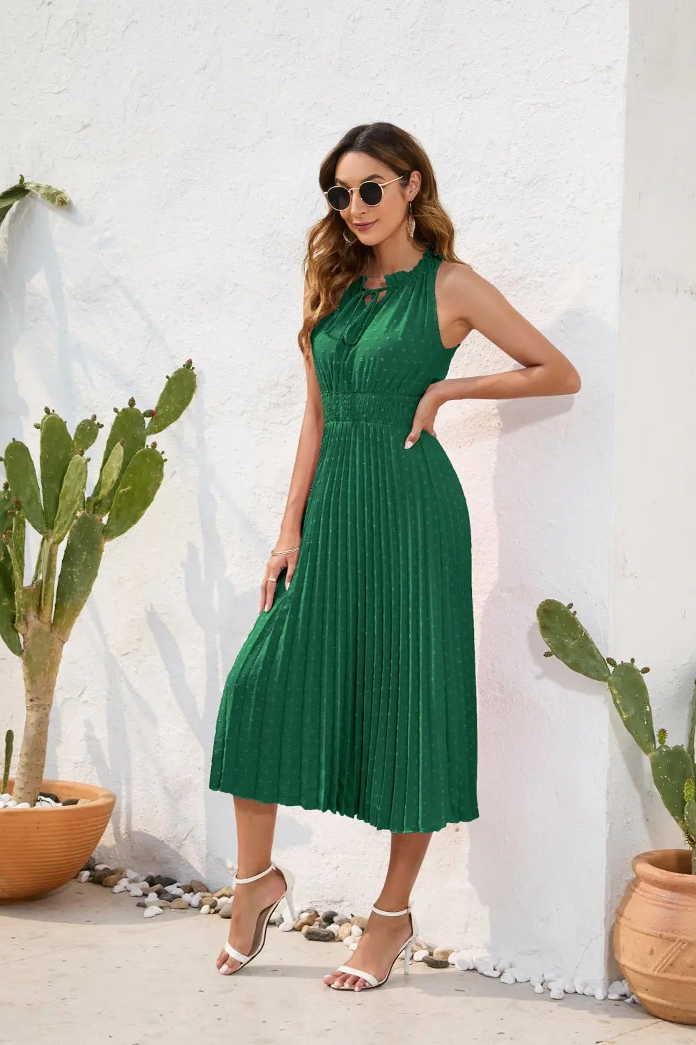 Tie High Waist Pleated Pom Dress Sleeveless Summer Dress - Blade & Thread