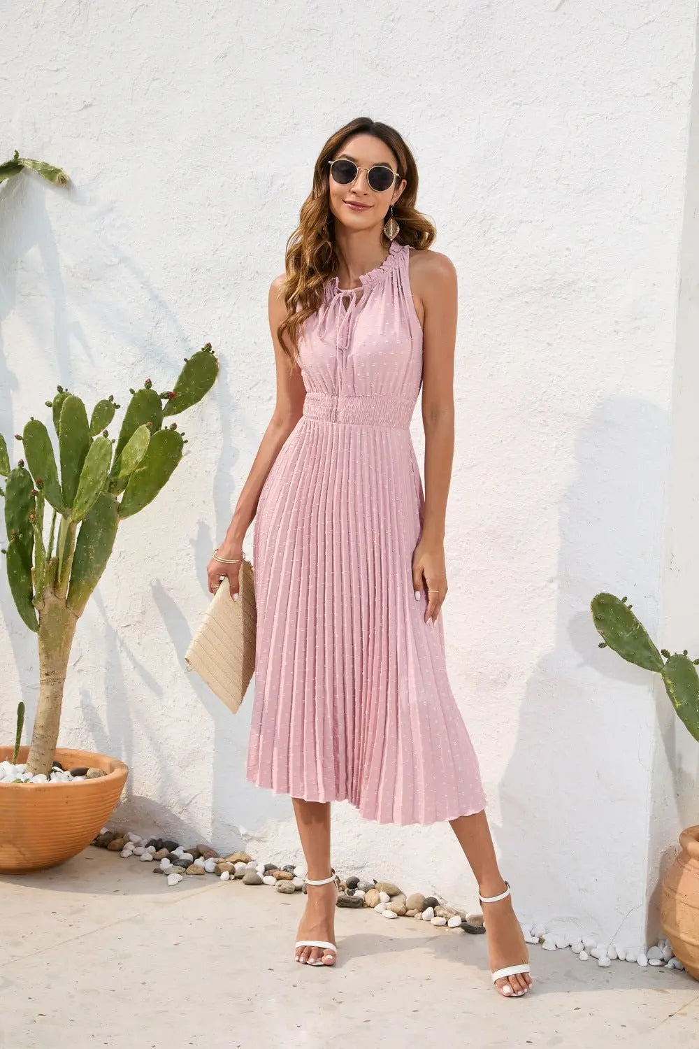 Tie High Waist Pleated Pom Dress Sleeveless Summer Dress - Blade & Thread