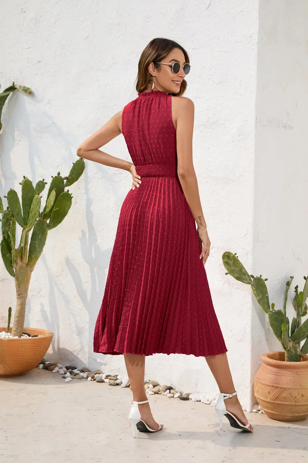 Tie High Waist Pleated Pom Dress Sleeveless Summer Dress - Blade & Thread