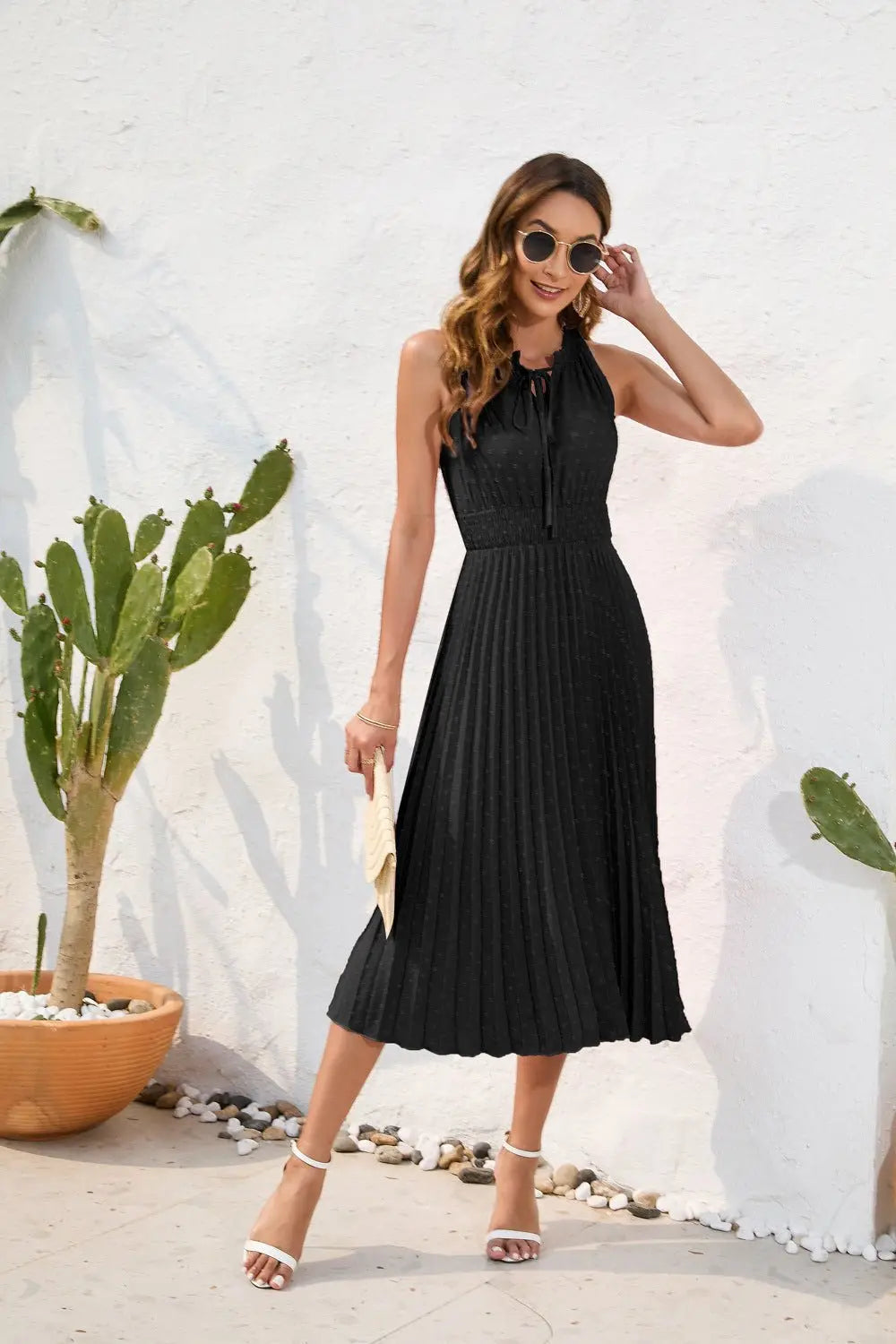 Tie High Waist Pleated Pom Dress Sleeveless Summer Dress nowadaysfashion