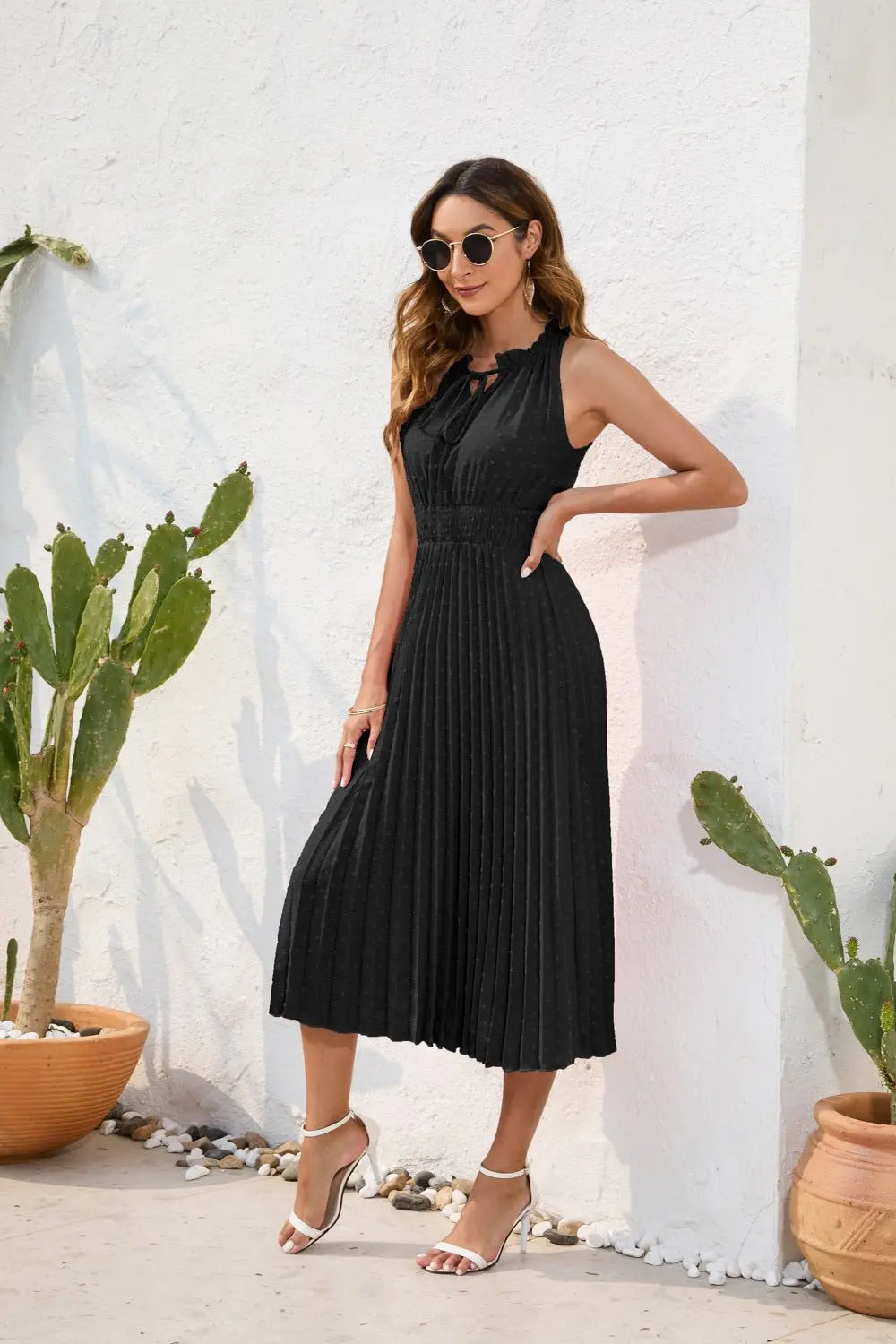 Tie High Waist Pleated Pom Dress Sleeveless Summer Dress nowadaysfashion