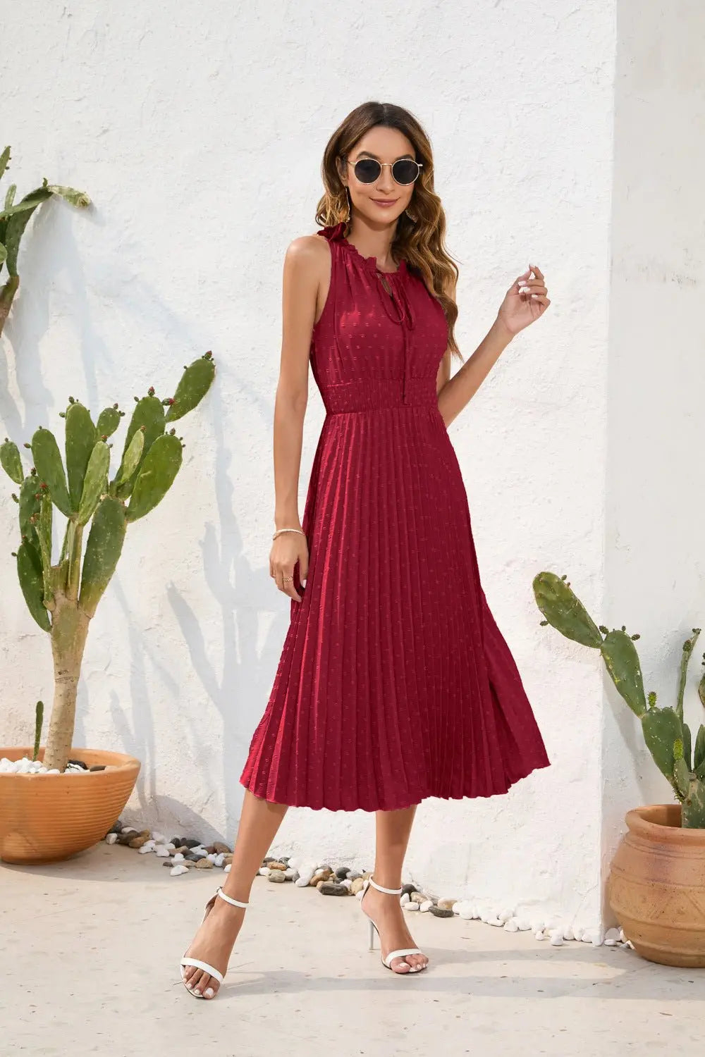 Tie High Waist Pleated Pom Dress Sleeveless Summer Dress nowadaysfashion