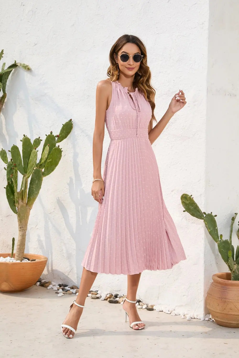 Tie High Waist Pleated Pom Dress Sleeveless Summer Dress - Blade & Thread
