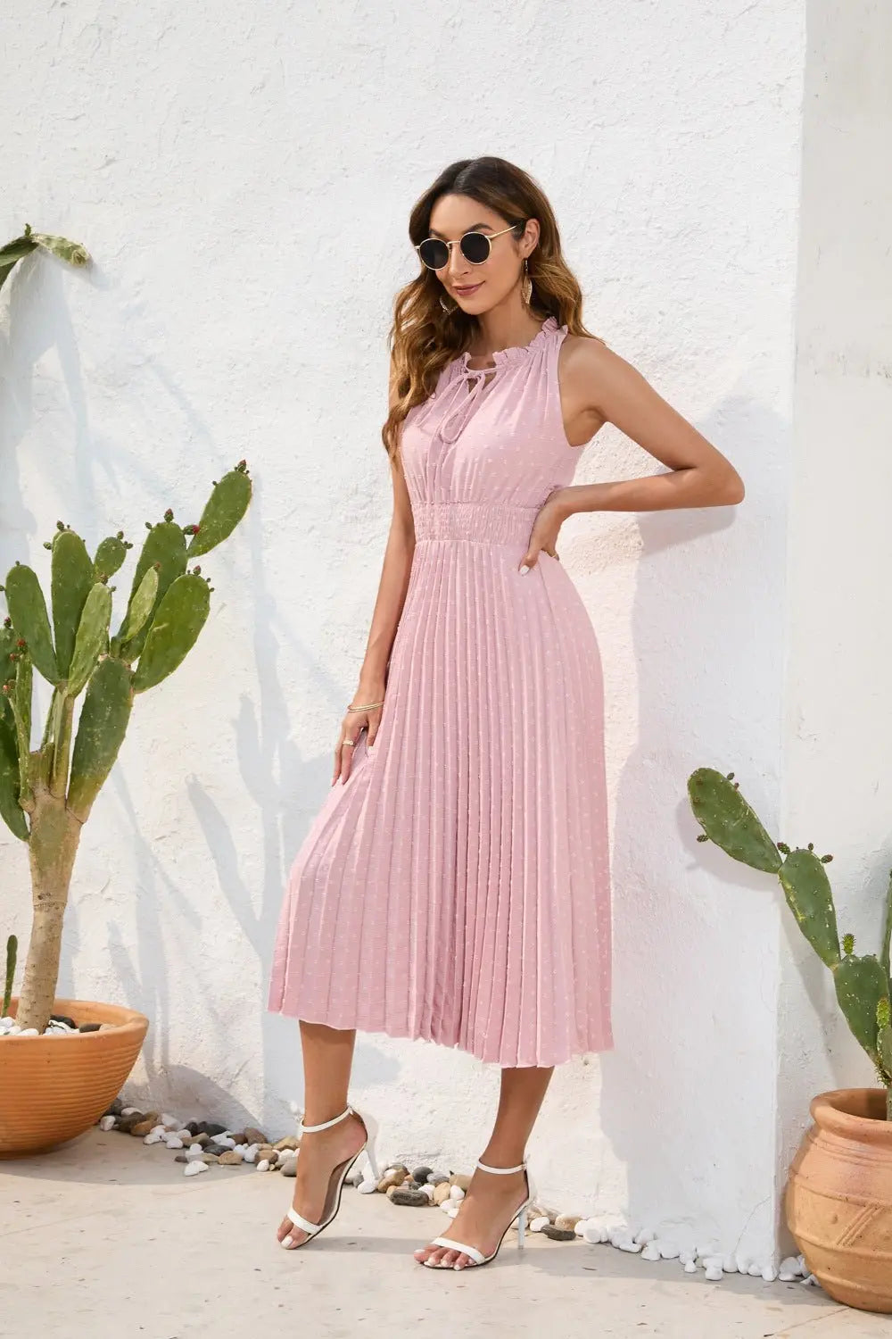 Tie High Waist Pleated Pom Dress Sleeveless Summer Dress nowadaysfashion