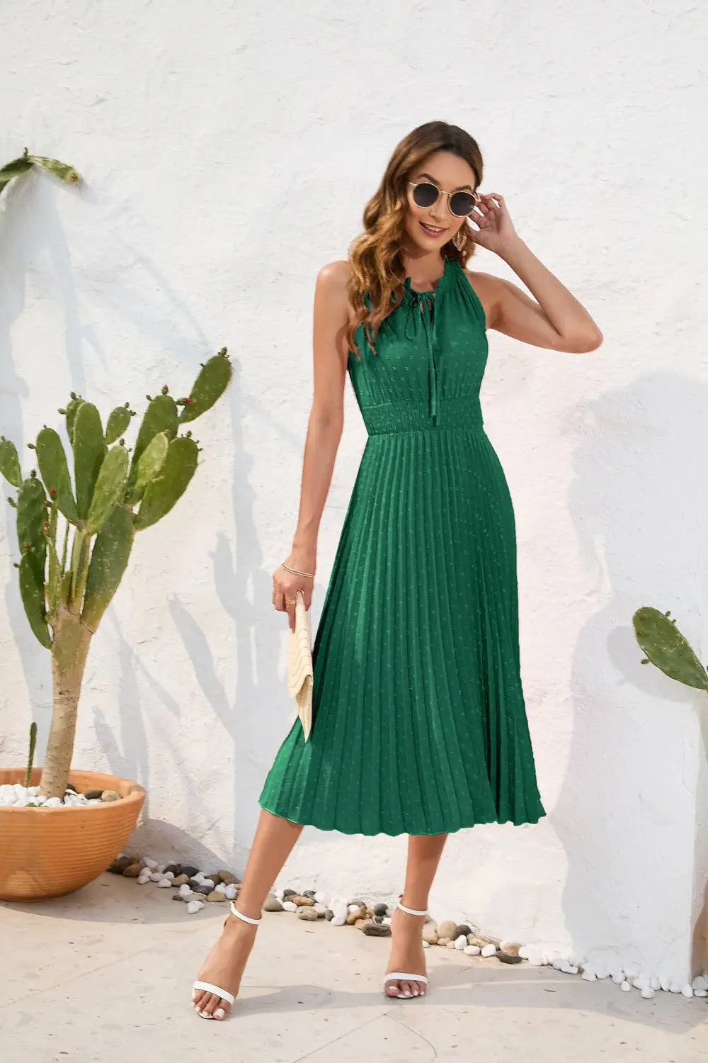 Tie High Waist Pleated Pom Dress Sleeveless Summer Dress - Blade & Thread
