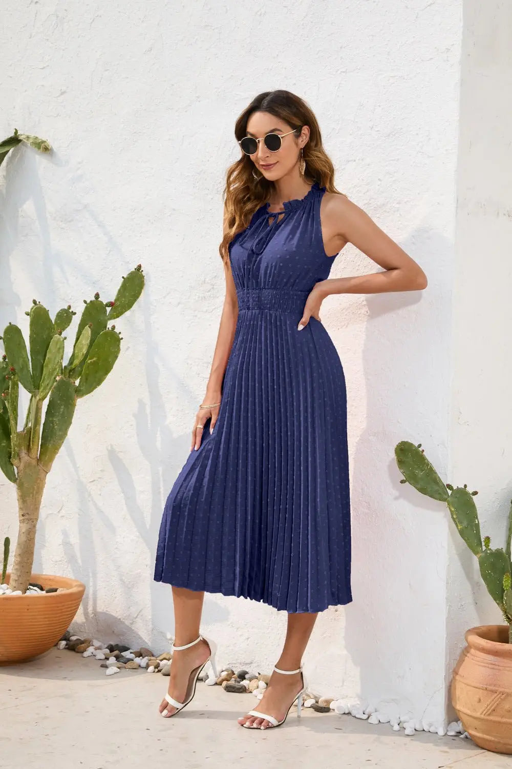 Tie High Waist Pleated Pom Dress Sleeveless Summer Dress - Blade & Thread
