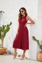 Tie High Waist Pleated Pom Dress Sleeveless Summer Dress nowadaysfashion