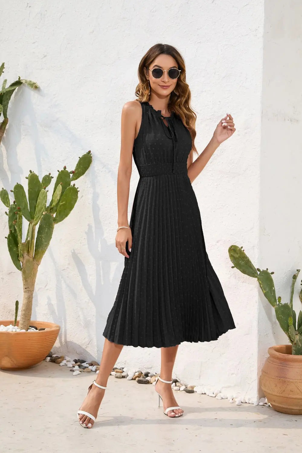 Tie High Waist Pleated Pom Dress Sleeveless Summer Dress - Blade & Thread