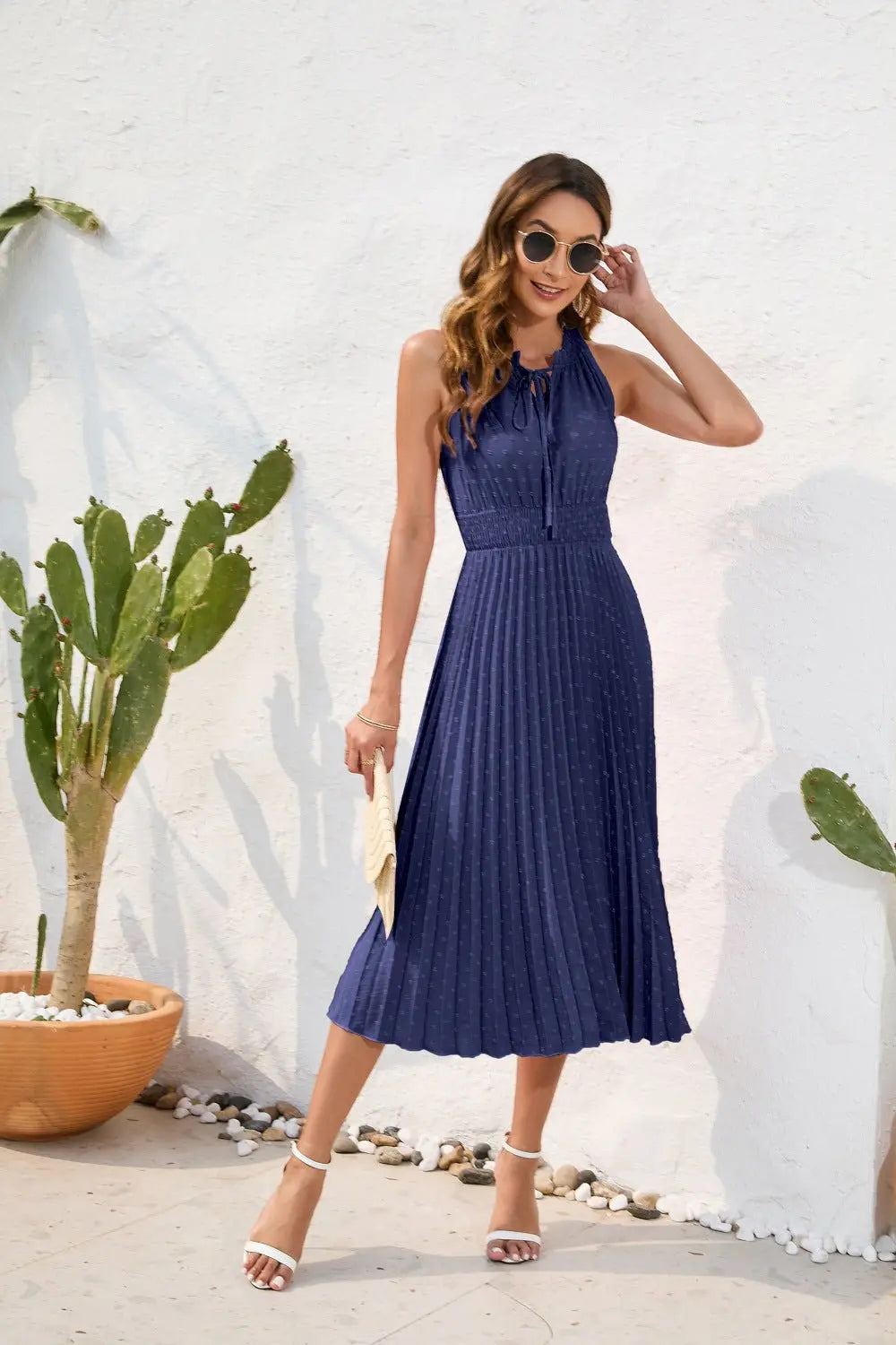 Tie High Waist Pleated Pom Dress Sleeveless Summer Dress - Blade & Thread