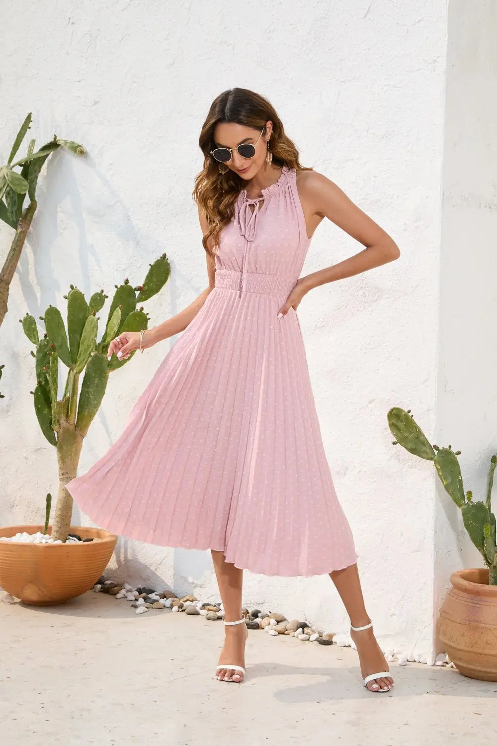 Tie High Waist Pleated Pom Dress Sleeveless Summer Dress - Blade & Thread
