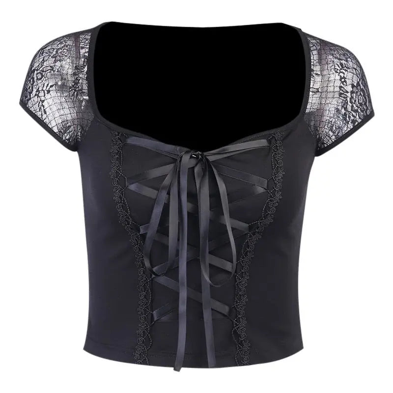 Tops Goth T-shirt Women Bodycon Bandage Lace Black T-shirts Gothic Streetwear Female Top nowadaysfashion