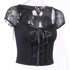 Tops Goth T-shirt Women Bodycon Bandage Lace Black T-shirts Gothic Streetwear Female Top nowadaysfashion