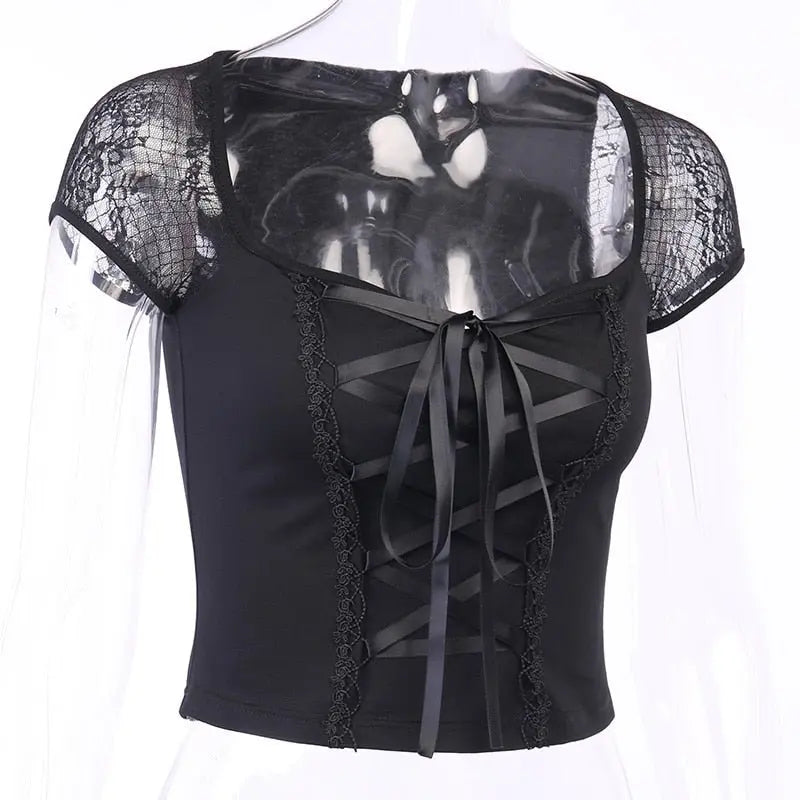 Tops Goth T-shirt Women Bodycon Bandage Lace Black T-shirts Gothic Streetwear Female Top - Blade & Thread
