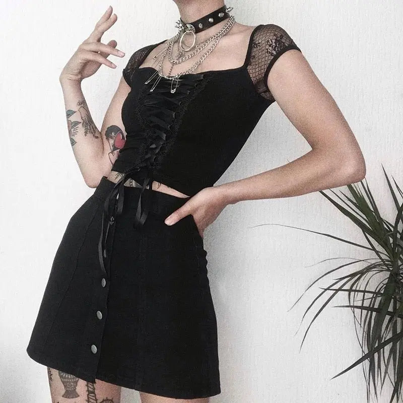 Tops Goth T-shirt Women Bodycon Bandage Lace Black T-shirts Gothic Streetwear Female Top nowadaysfashion
