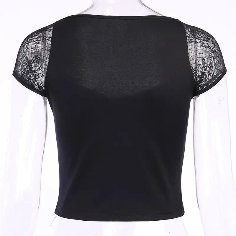 Tops Goth T-shirt Women Bodycon Bandage Lace Black T-shirts Gothic Streetwear Female Top - Blade & Thread