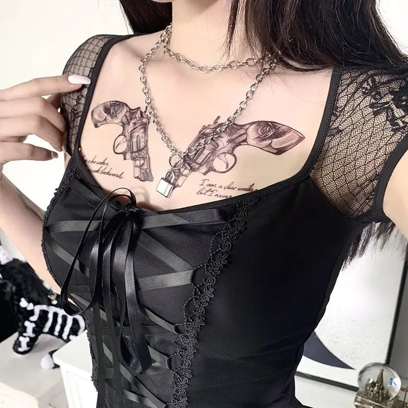 Tops Goth T-shirt Women Bodycon Bandage Lace Black T-shirts Gothic Streetwear Female Top - Blade & Thread