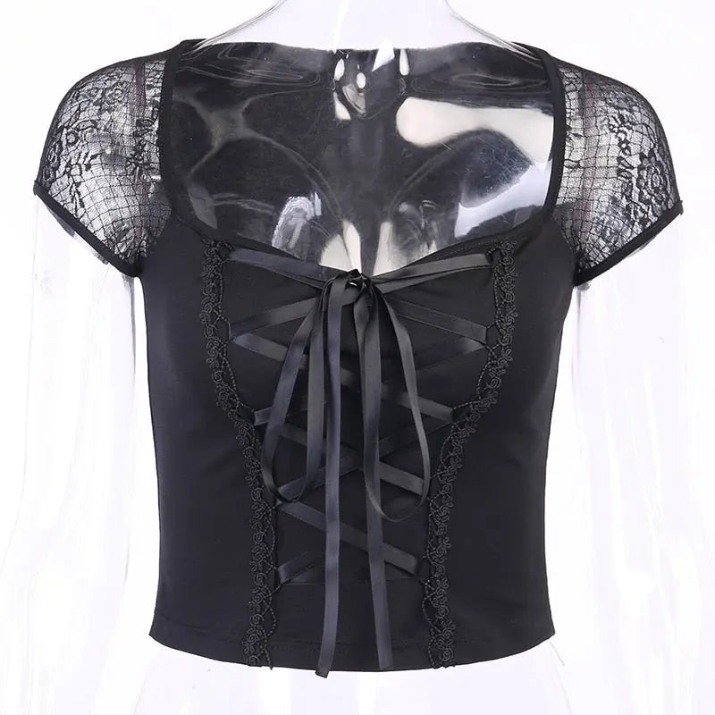 Tops Goth T-shirt Women Bodycon Bandage Lace Black T-shirts Gothic Streetwear Female Top - Blade & Thread