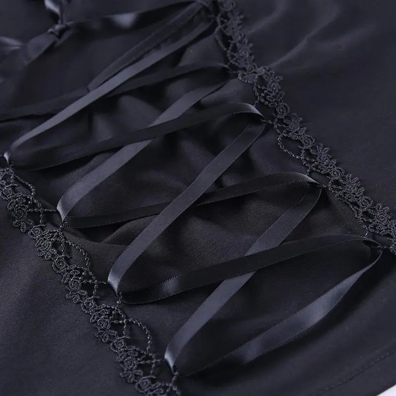 Tops Goth T-shirt Women Bodycon Bandage Lace Black T-shirts Gothic Streetwear Female Top - Blade & Thread