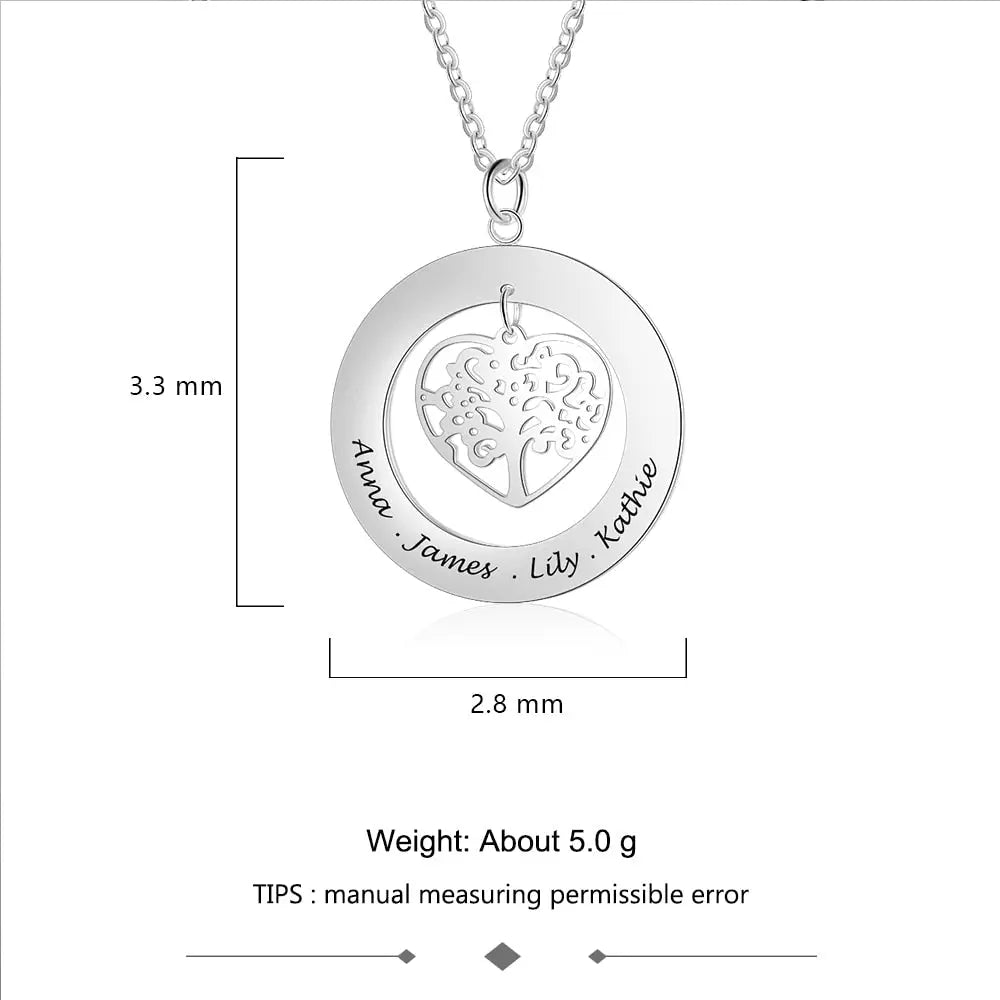 Tree of Life Engrave Name Necklace Silver Color Round Customized Pendants nowadaysfashion