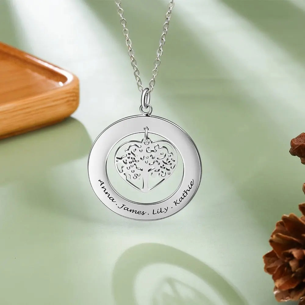 Tree of Life Engrave Name Necklace Silver Color Round Customized Pendants - Blade & Thread