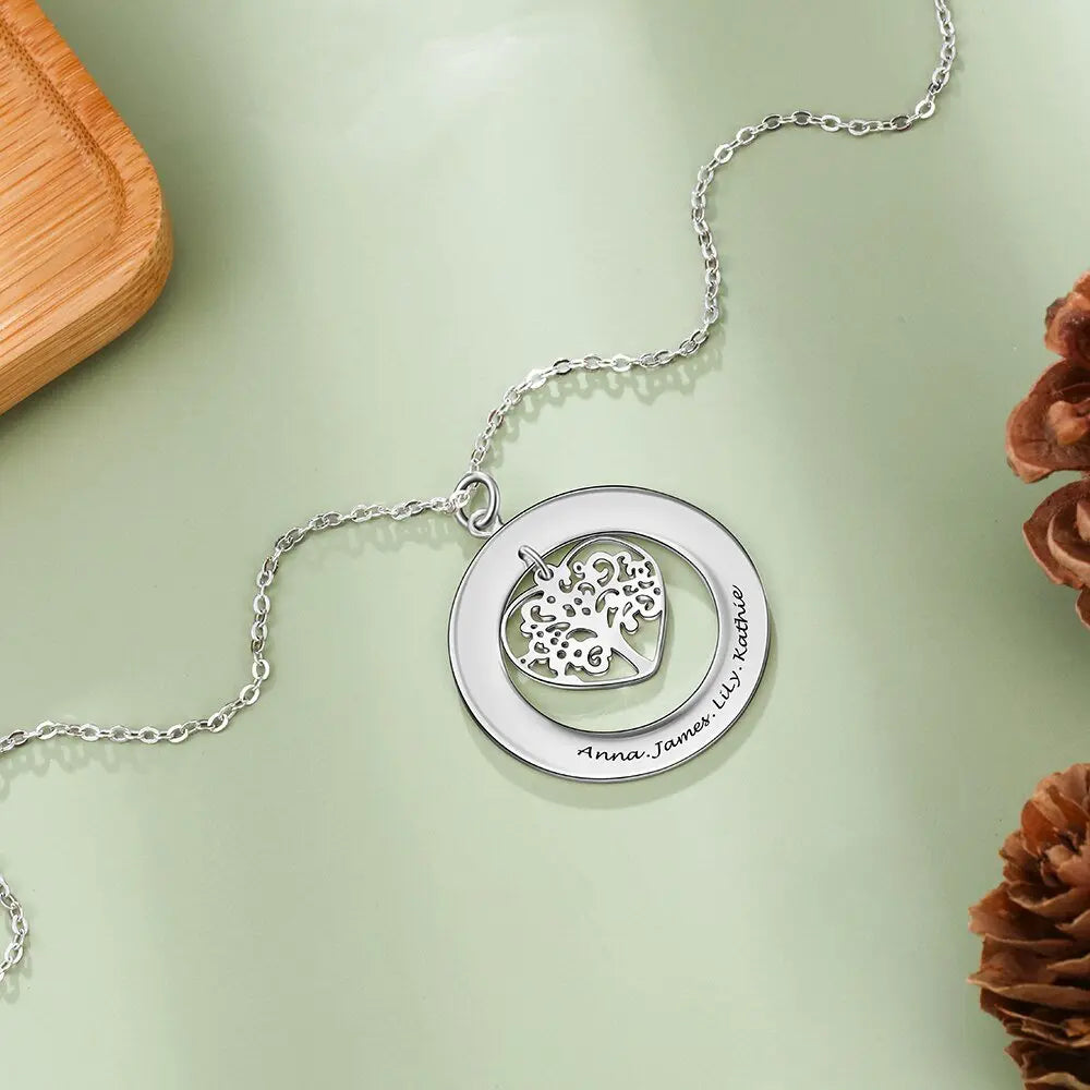 Tree of Life Engrave Name Necklace Silver Color Round Customized Pendants nowadaysfashion