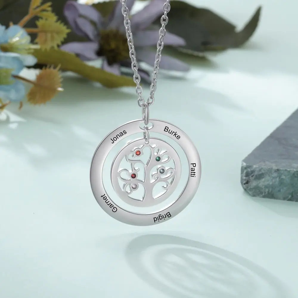 Tree of Life Name Necklace with Birthstone Name Engraved Pendant Family - Blade & Thread
