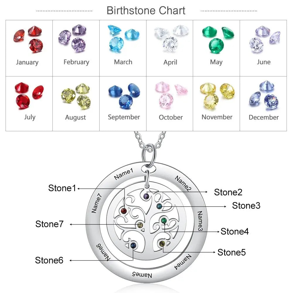 Tree of Life Name Necklace with Birthstone Name Engraved Pendant Family nowadaysfashion