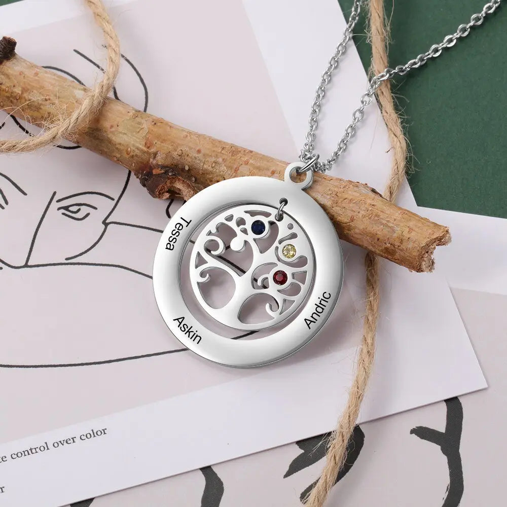 Tree of Life Name Necklace with Birthstone Name Engraved Pendant Family - Blade & Thread