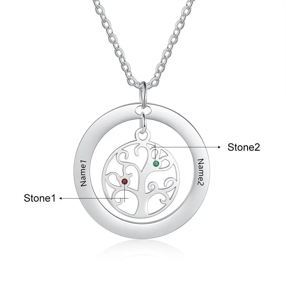 Tree of Life Name Necklace with Birthstone Name Engraved Pendant Family - Blade & Thread