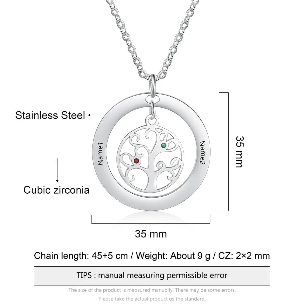 Tree of Life Name Necklace with Birthstone Name Engraved Pendant Family - Blade & Thread