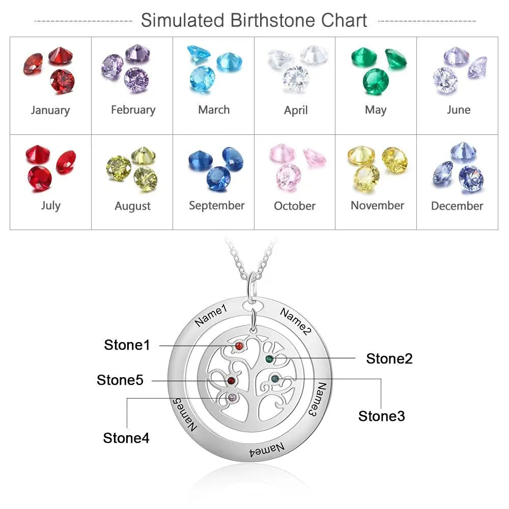 Tree of Life Name Necklace with Birthstone Name Engraved Pendant Family - Blade & Thread