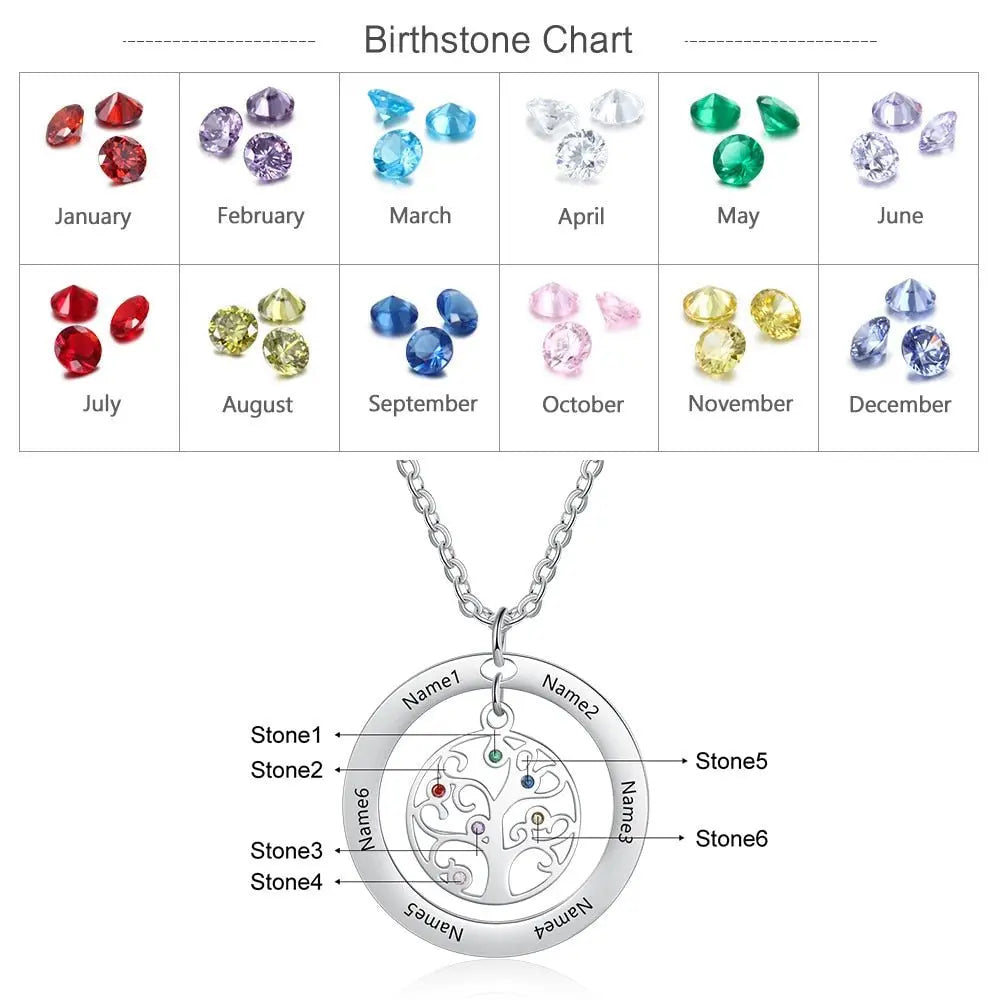Tree of Life Name Necklace with Birthstone Name Engraved Pendant Family nowadaysfashion