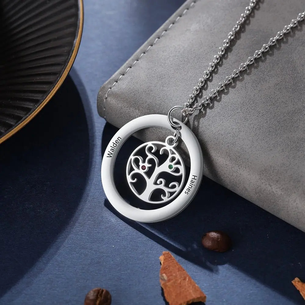 Tree of Life Name Necklace with Birthstone Name Engraved Pendant Family - Blade & Thread