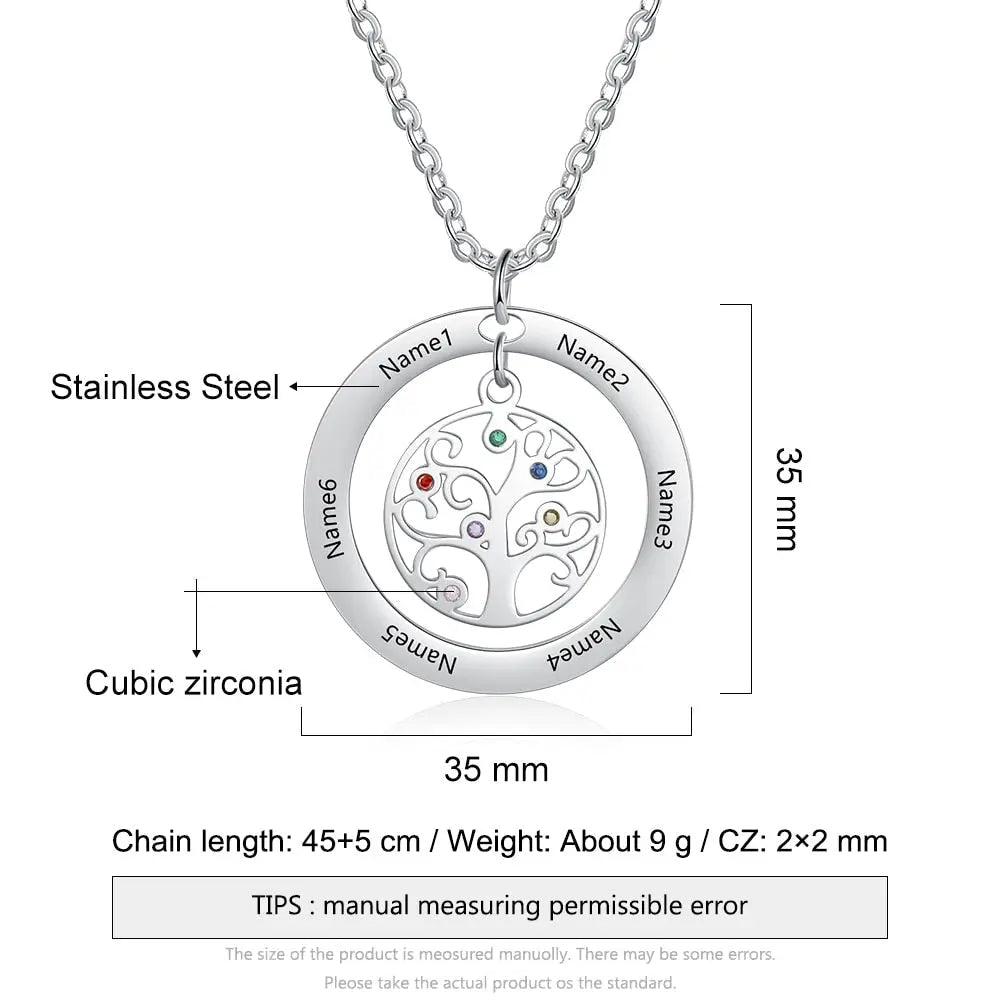 Tree of Life Name Necklace with Birthstone Name Engraved Pendant Family - Blade & Thread