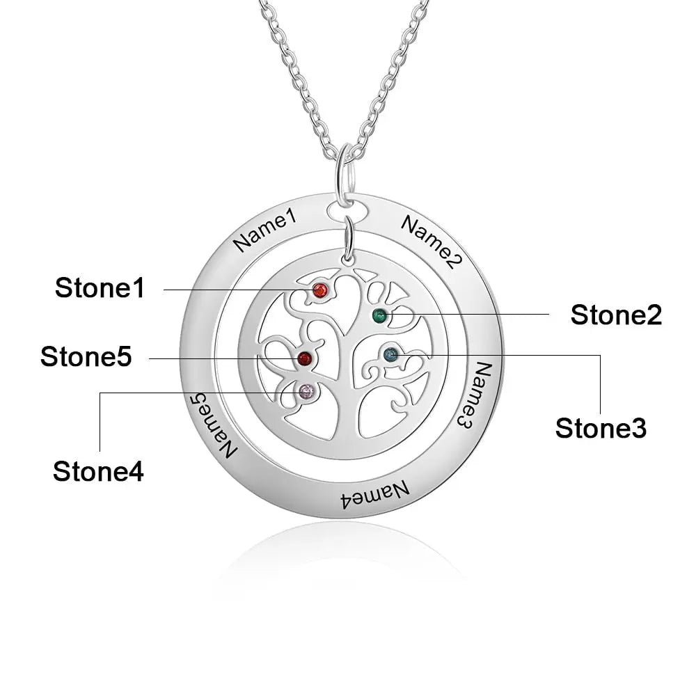 Tree of Life Name Necklace with Birthstone Name Engraved Pendant Family - Blade & Thread