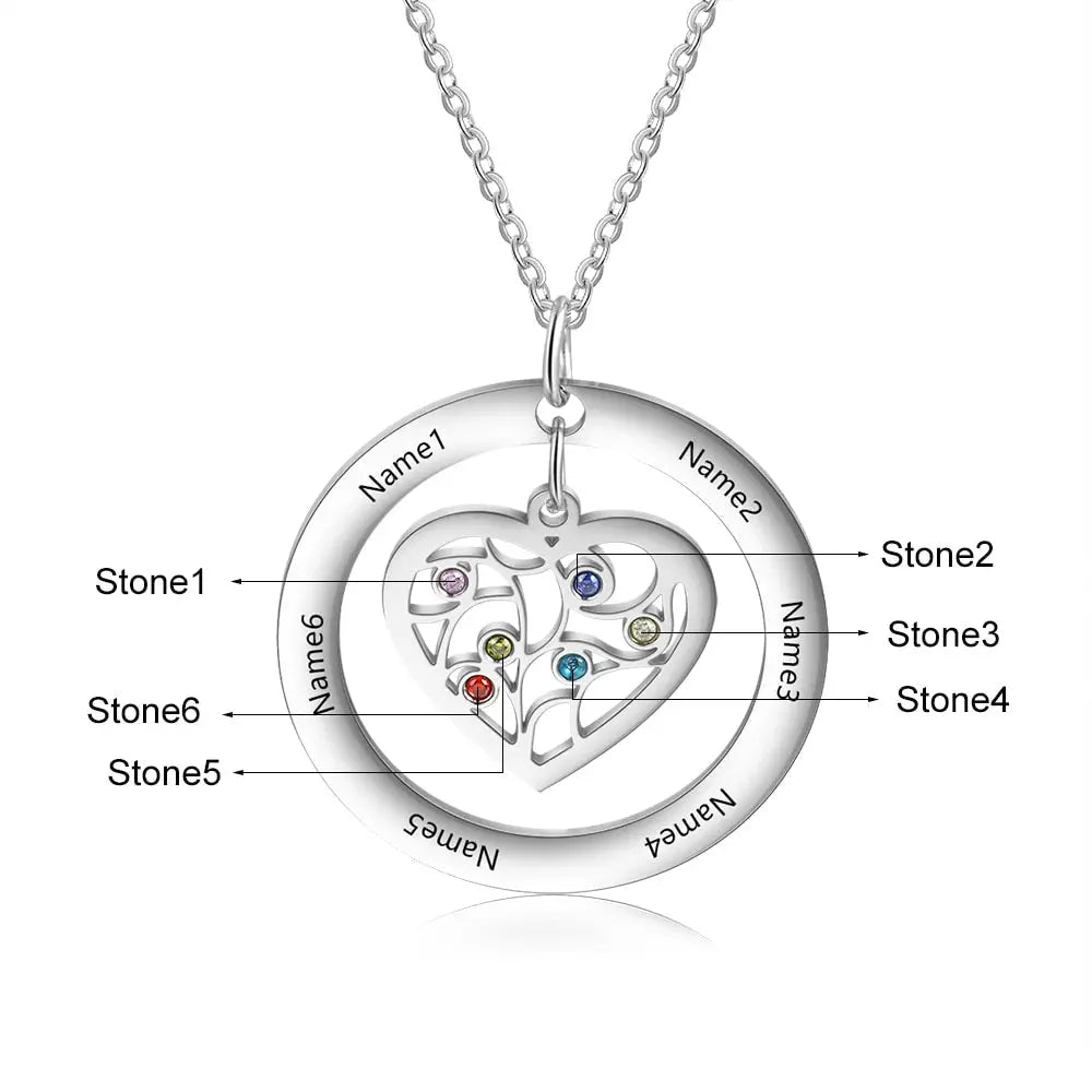 Tree of Life Name Necklace with Birthstone Name Engraved Pendant Family - Blade & Thread