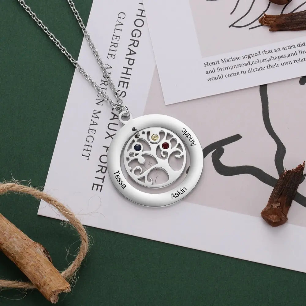 Tree of Life Name Necklace with Birthstone Name Engraved Pendant Family - Blade & Thread