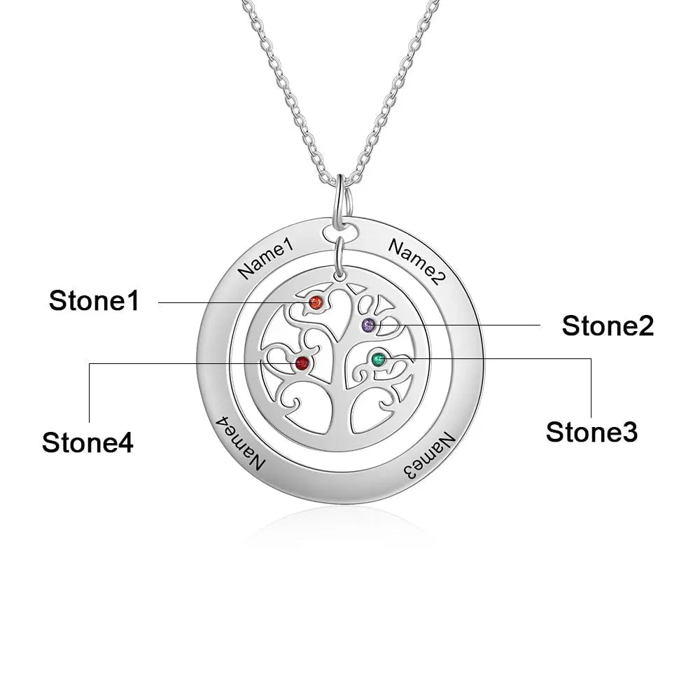 Tree of Life Name Necklace with Birthstone Name Engraved Pendant Family - Blade & Thread