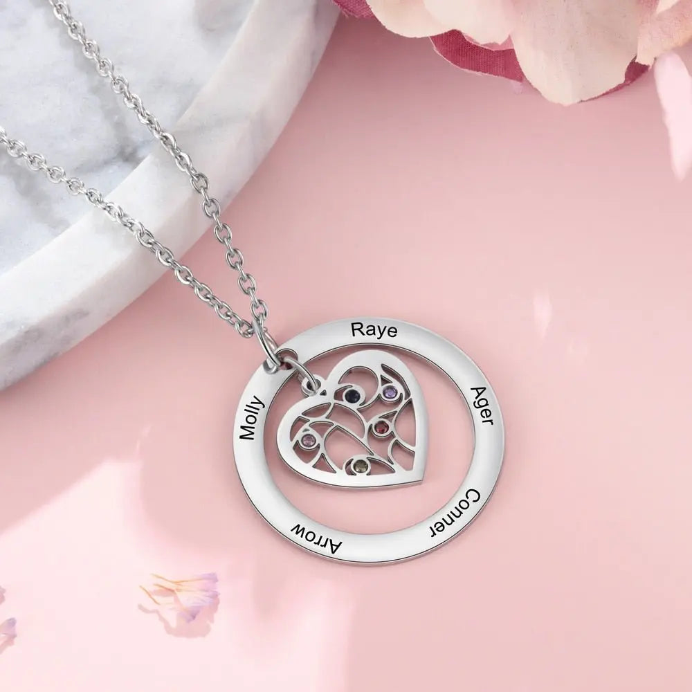 Tree of Life Name Necklace with Birthstone Name Engraved Pendant Family - Blade & Thread